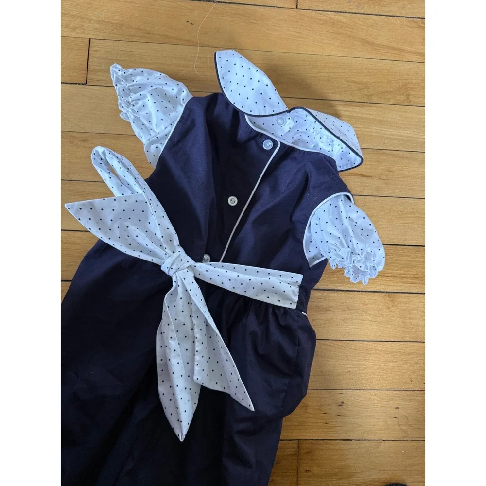 The Beaufort Bonnet Company overall outfit toddler Navy blue polka dot‎ tie bow